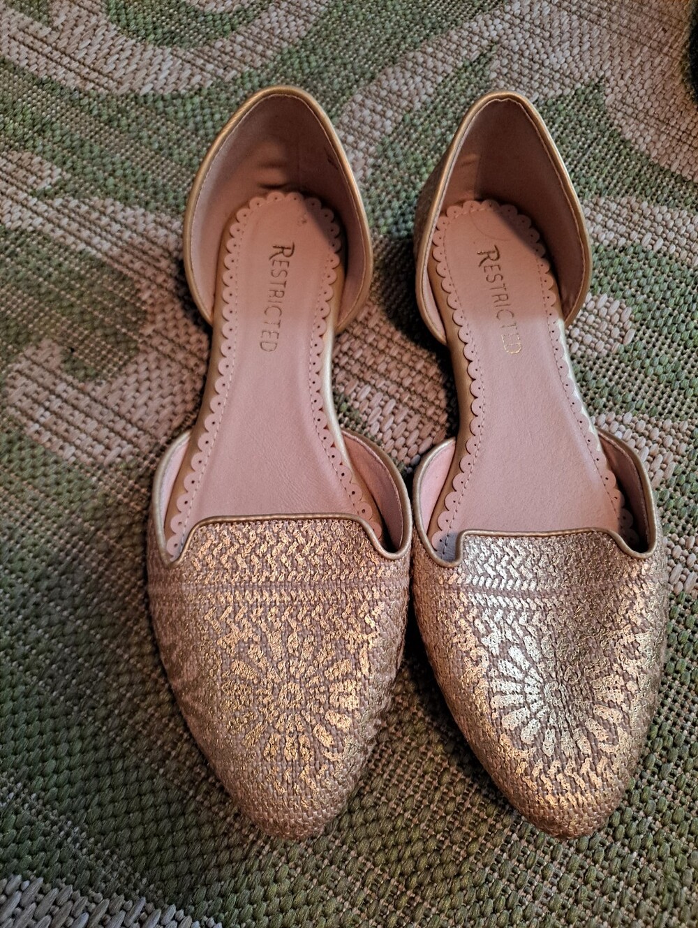 Restricted Metallic Gold Pointed D'Orsay Flats with Floral Pattern